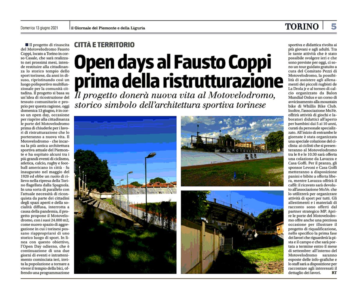 Articolo di giornale Motovelodromo di Torino