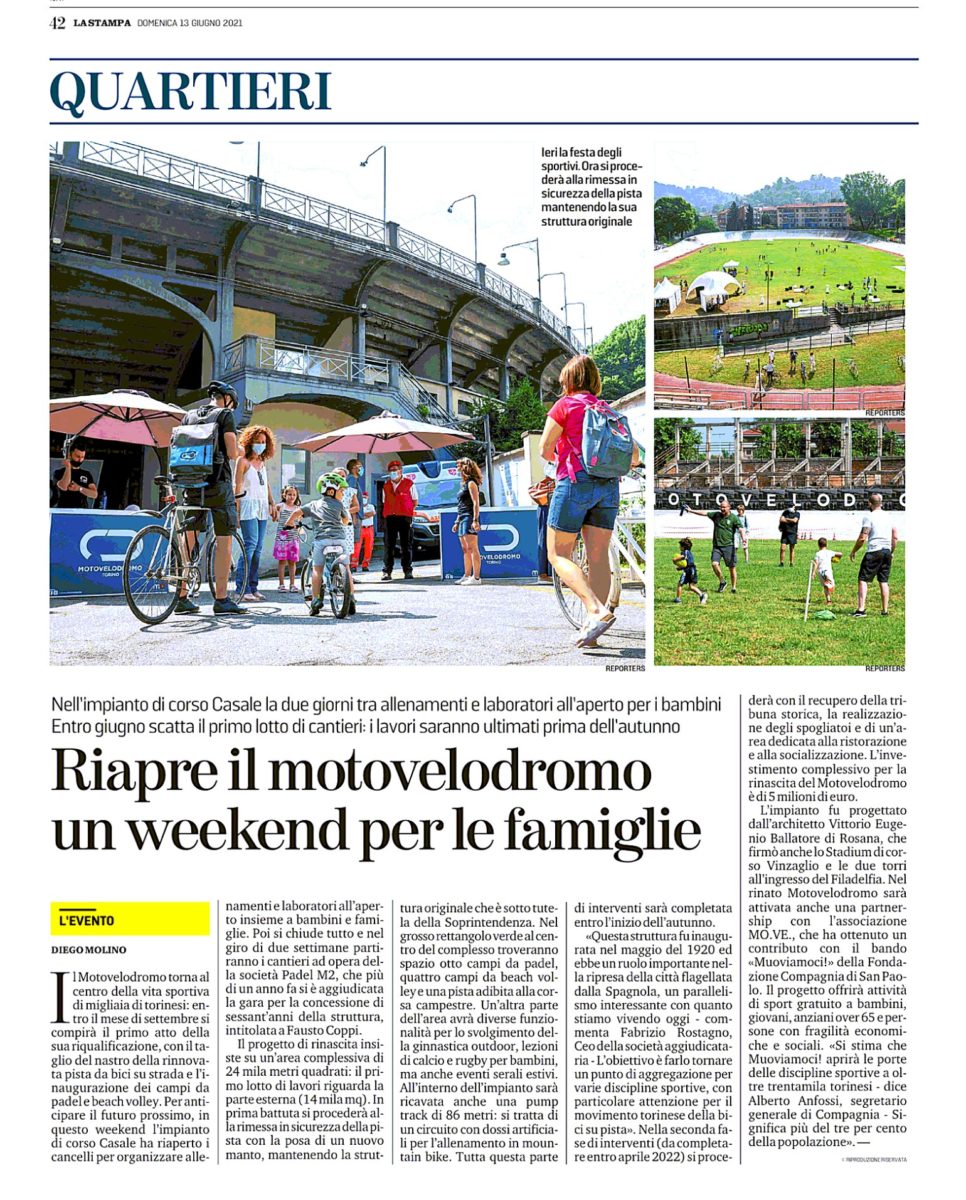 Articolo di giornale Motovelodromo di Torino riapertura