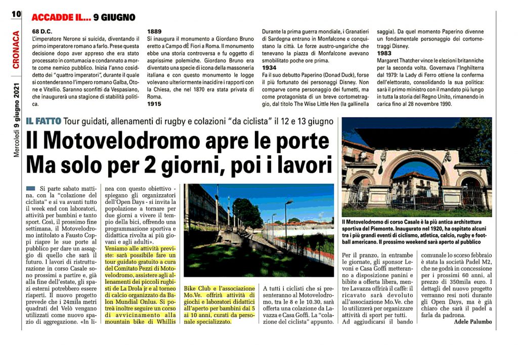 Articolo di giornale Motovelodromo di Torino