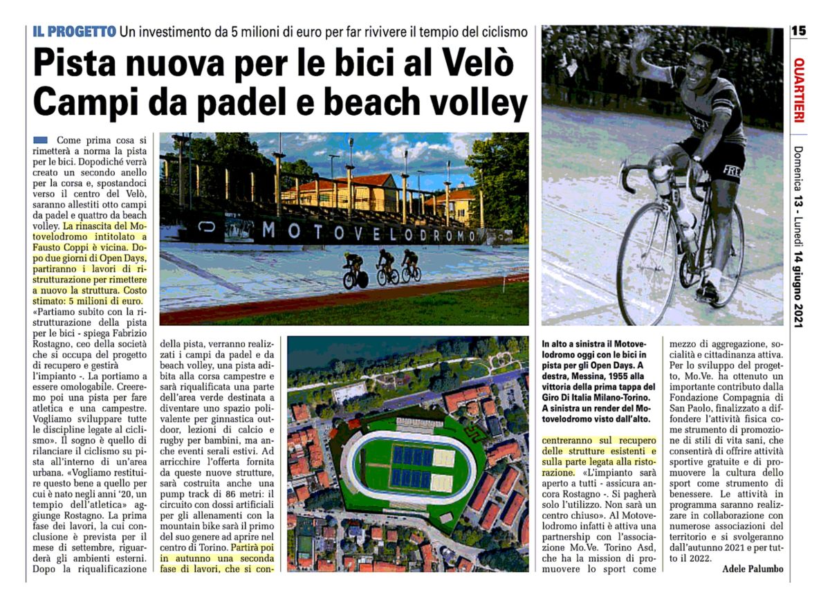 Articolo di giornale Motovelodromo di Torino nuova pista