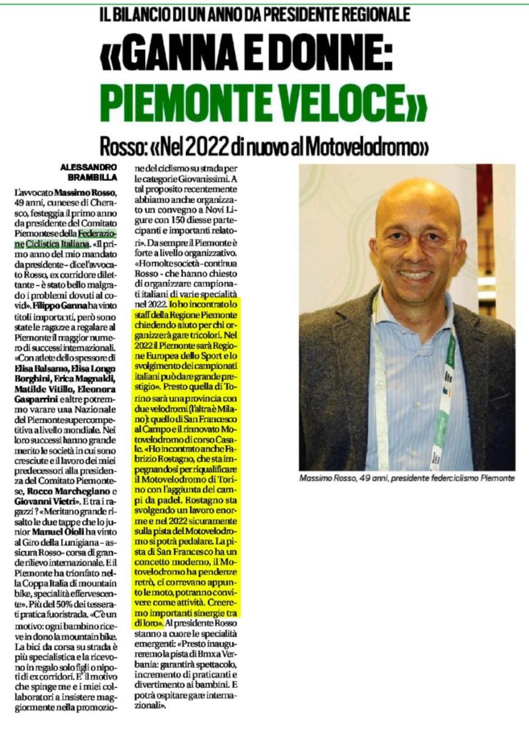articolo giornale Motovelodromo Presidente Regione Piemonte