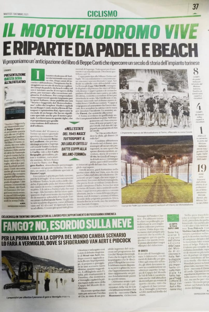 Articolo Giornale Motovelodromo di Torino ripartenza padel e beach volley